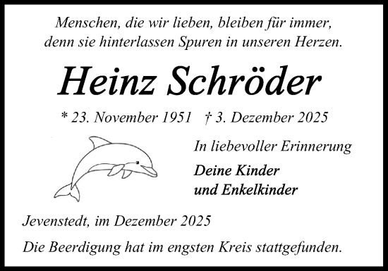 Traueranzeige von Heinz Schröder von Schleswig-Holsteinische Landeszeitung