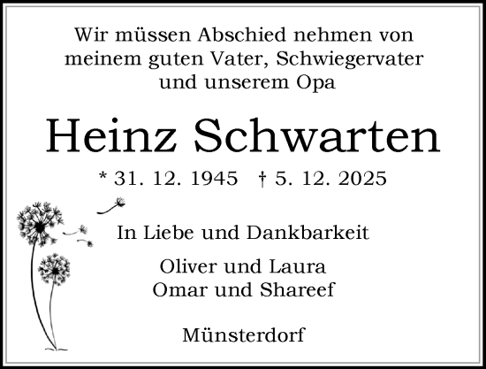 Traueranzeige von Heinz Schwarten von Norddeutsche Rundschau, Wilstersche Zeitung, Glückstädter Fortuna