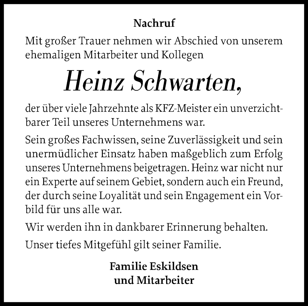  Traueranzeige für Heinz Schwarten vom 20.12.2025 aus Norddeutsche Rundschau, Wilstersche Zeitung, Glückstädter Fortuna