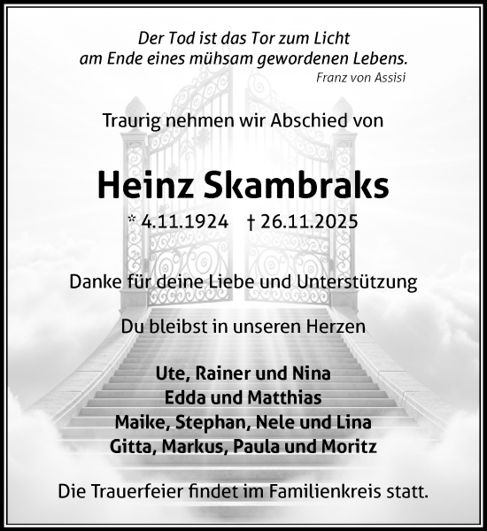 Traueranzeige von Heinz Skambraks von MARKT Ratzeburg/Mölln