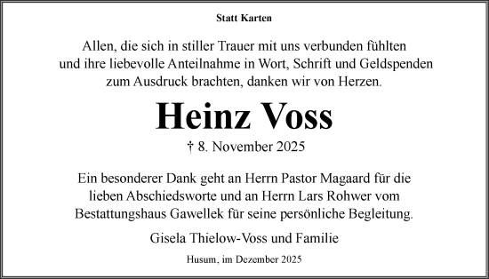 Traueranzeige von Heinz Voss von Husumer Nachrichten, Nordfriesland Tageblatt