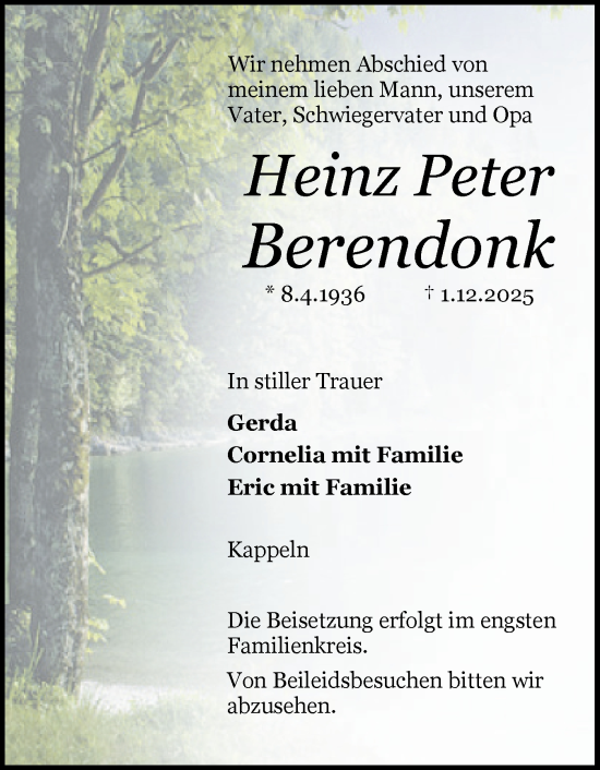 Traueranzeige von Heinz Peter Berendonk von Schleswiger Nachrichten, Schlei-Bote