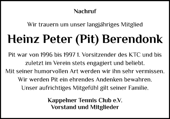 Traueranzeige von Heinz Peter Berendonk von Schleswiger Nachrichten, Schlei-Bote