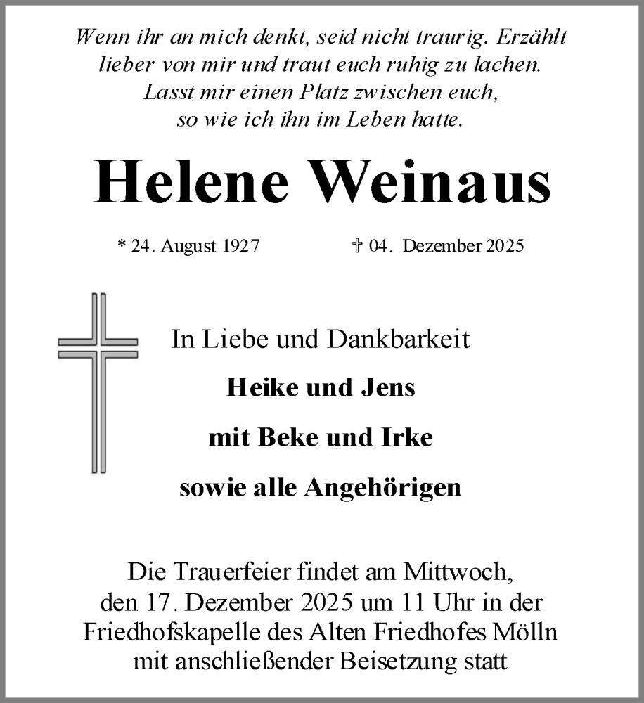  Traueranzeige für Helene Weinaus vom 13.12.2025 aus MARKT Ratzeburg/Mölln