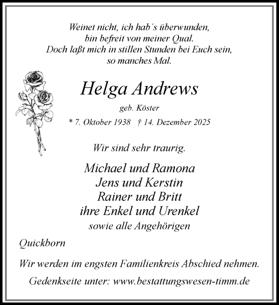 Traueranzeige von Helga Andrews von Umschau