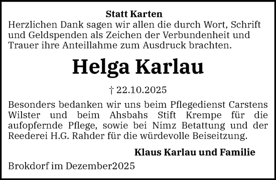 Traueranzeige von Helga Karlau von Norddeutsche Rundschau, Wilstersche Zeitung, Glückstädter Fortuna