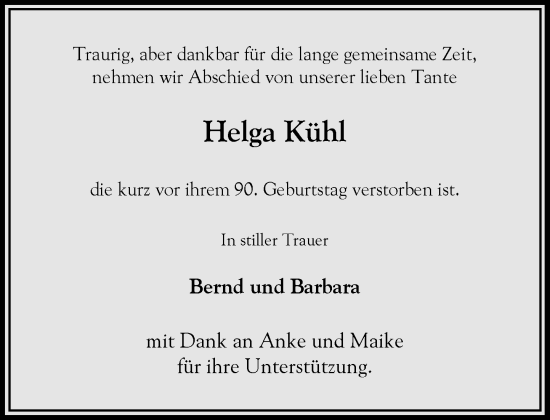 Traueranzeige von Helga Kühl von Heimatspiegel