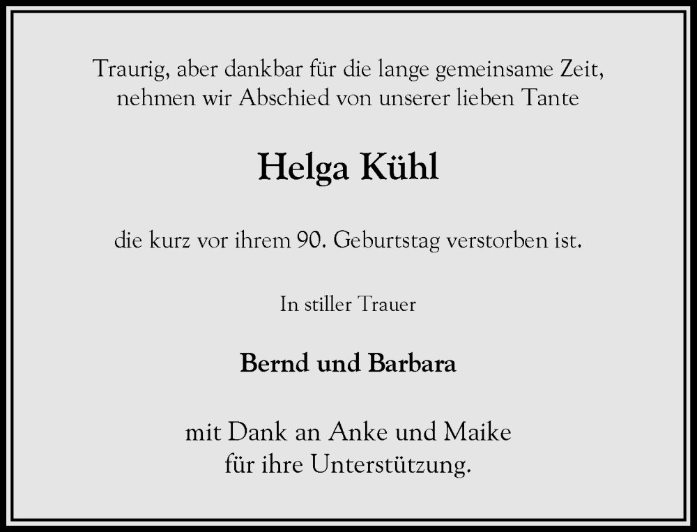  Traueranzeige für Helga Kühl vom 20.12.2025 aus Heimatspiegel
