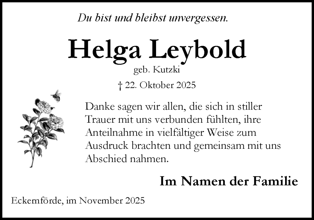  Traueranzeige für Helga Leybold vom 06.12.2025 aus Eckernförder Zeitung, Hallo Eckernförde