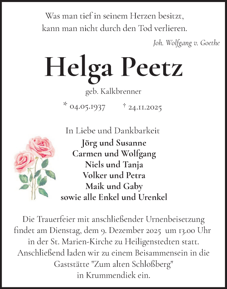  Traueranzeige für Helga Peetz vom 06.12.2025 aus Norddeutsche Rundschau, Wilstersche Zeitung, Glückstädter Fortuna