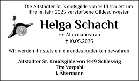 Traueranzeige von Helga Schacht von Schleswiger Nachrichten, Schlei-Bote