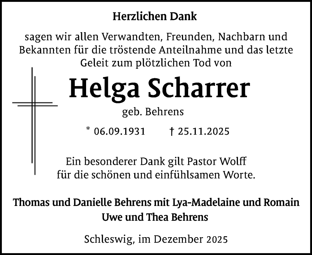  Traueranzeige für Helga Scharrer vom 13.12.2025 aus Schleswiger Nachrichten, Schlei-Bote