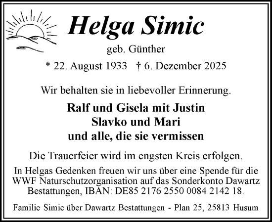 Traueranzeige von Helga Simic von Husumer Nachrichten, Nordfriesland Tageblatt