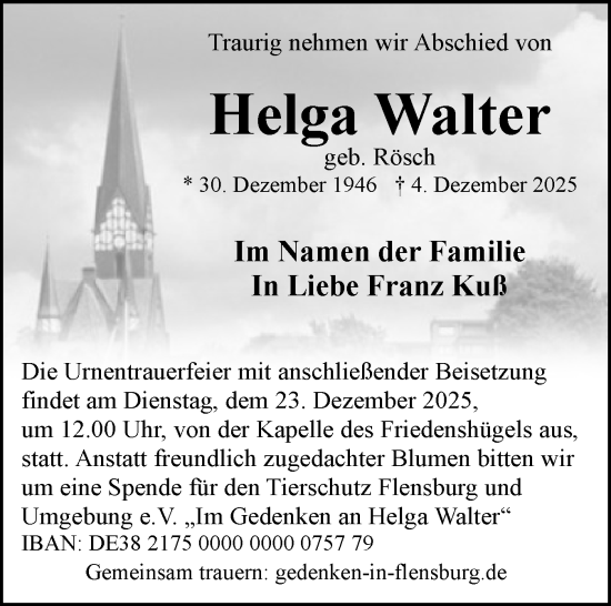 Traueranzeige von Helga Walter von Flensburger Tageblatt