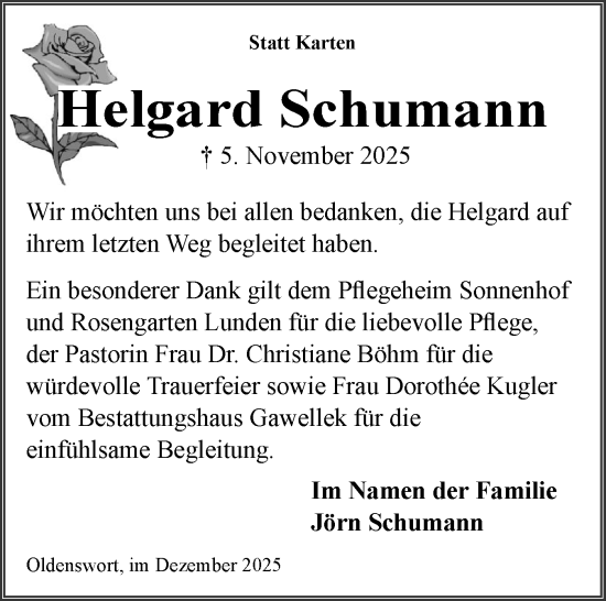 Traueranzeige von Helgard Schumann von Husumer Nachrichten, Nordfriesland Tageblatt