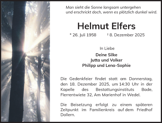 Traueranzeige von Helmut Elfers von Wedel-Schulauer Tageblatt, tip Wedel-Schulauer Tageblatt, tip Rissener Rundschau