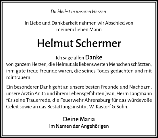 Traueranzeige von Helmut Schermer von MARKT Ahrensburg/Bargteheide/Trittau und Stormarner Tageblatt