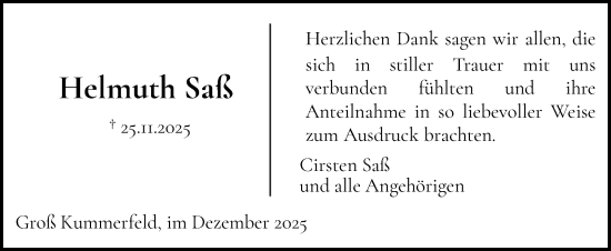 Traueranzeige von Helmuth Saß von Holsteinischer Courier