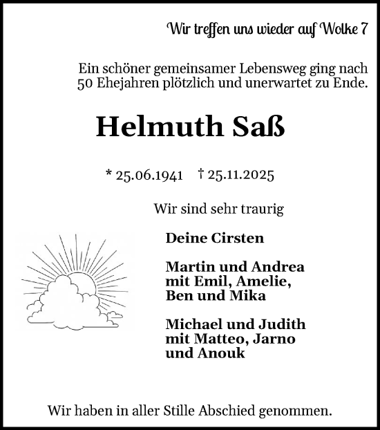 Traueranzeige von Helmuth Saß von Holsteinischer Courier