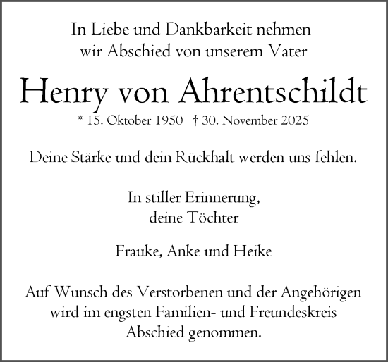 Traueranzeige von Henry von Ahrentschildt von Norddeutsche Rundschau, Wilstersche Zeitung, Glückstädter Fortuna