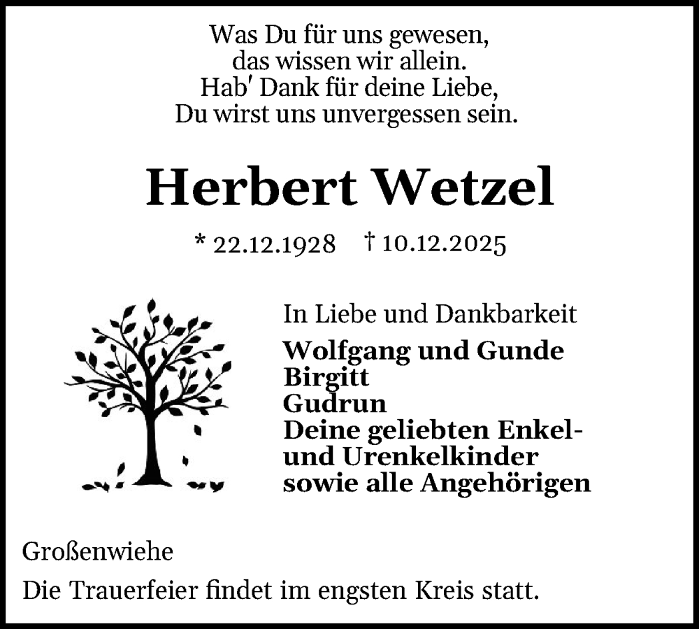  Traueranzeige für Herbert Wetzel vom 20.12.2025 aus Flensburger Tageblatt