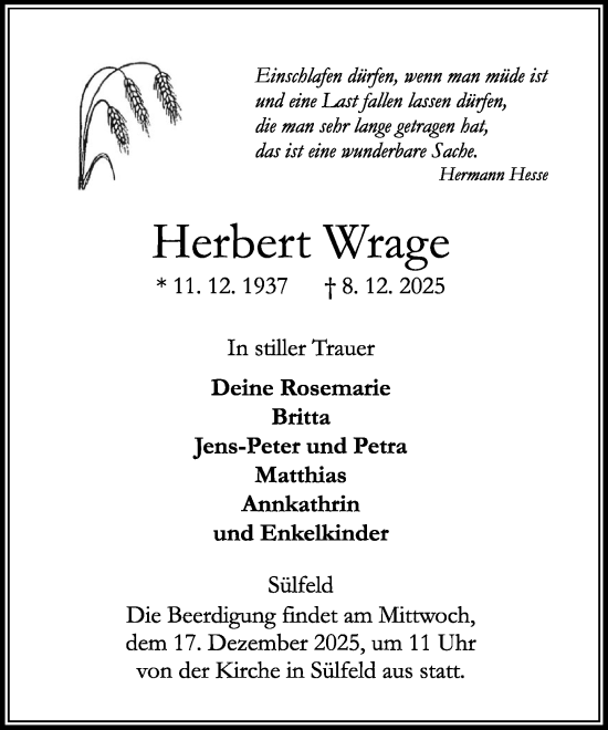 Traueranzeige von Herbert Wrage von MARKT Ahrensburg/Bargteheide/Trittau und Stormarner Tageblatt