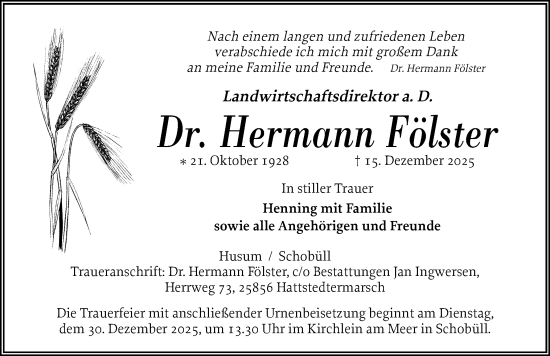 Traueranzeige von Hermann Fölster von Husumer Nachrichten, Nordfriesland Tageblatt