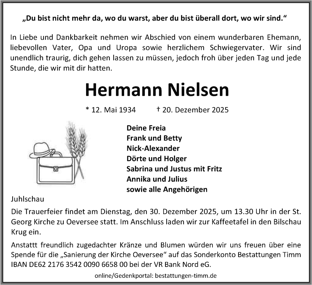 Traueranzeige für Hermann Nielsen vom 27.12.2025 aus Flensburger Tageblatt, Schleswiger Nachrichten, Schlei-Bote