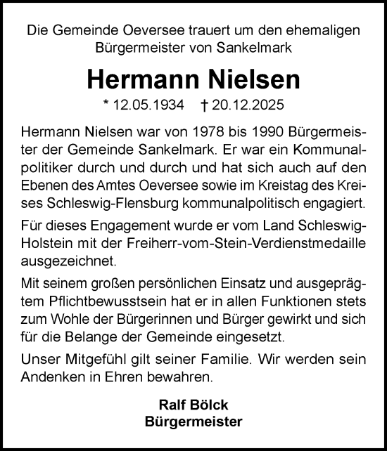 Traueranzeige von Hermann Nielsen von Flensburger Tageblatt