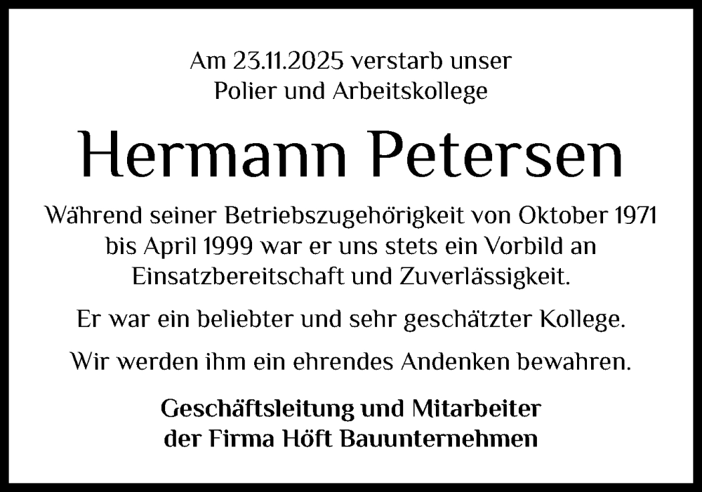  Traueranzeige für Hermann Petersen vom 13.12.2025 aus Flensburger Tageblatt