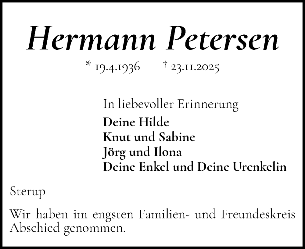  Traueranzeige für Hermann Petersen vom 13.12.2025 aus Flensburger Tageblatt
