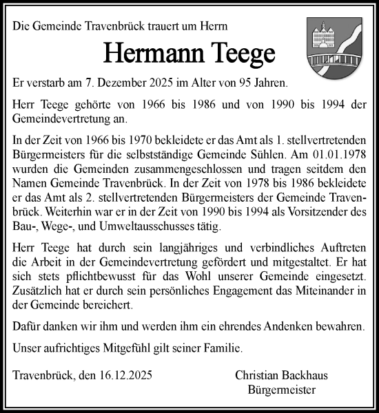 Traueranzeige von Hermann Teege von MARKT Bad Oldesloe/Reinfeld und Stormarner Tageblatt