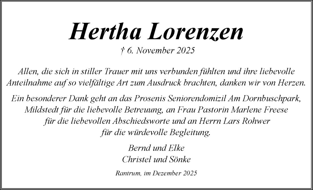  Traueranzeige für Hertha Lorenzen vom 12.12.2025 aus Husumer Nachrichten, Nordfriesland Tageblatt