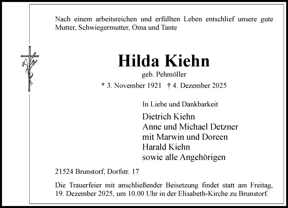  Traueranzeige für Hilda Kiehn vom 13.12.2025 aus Wochenend Anzeiger