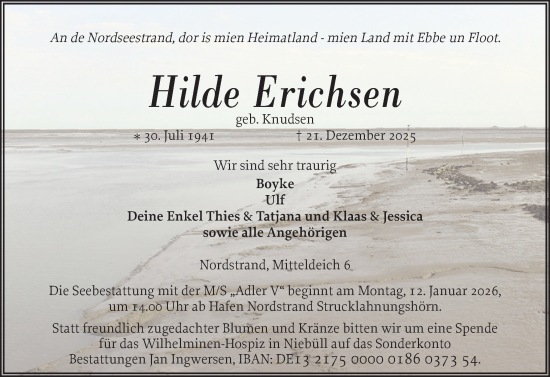 Traueranzeige von Hilde Erichsen von Husumer Nachrichten, Nordfriesland Tageblatt