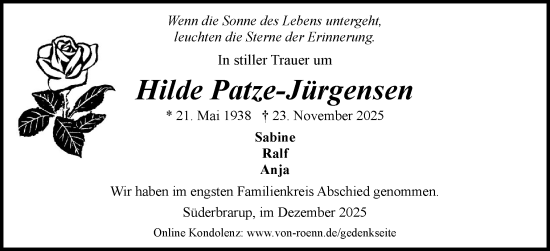 Traueranzeige von Hilde Patze-Jürgensen von Schleswiger Nachrichten, Schlei-Bote