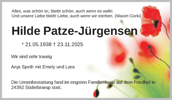 Traueranzeige von Hilde Patze-Jürgensen von Schleswiger Nachrichten, Schlei-Bote