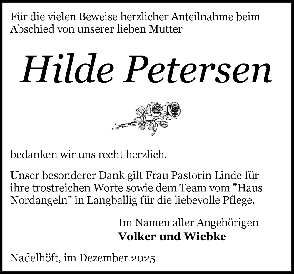  Traueranzeige für Hilde Petersen vom 20.12.2025 aus Flensburger Tageblatt