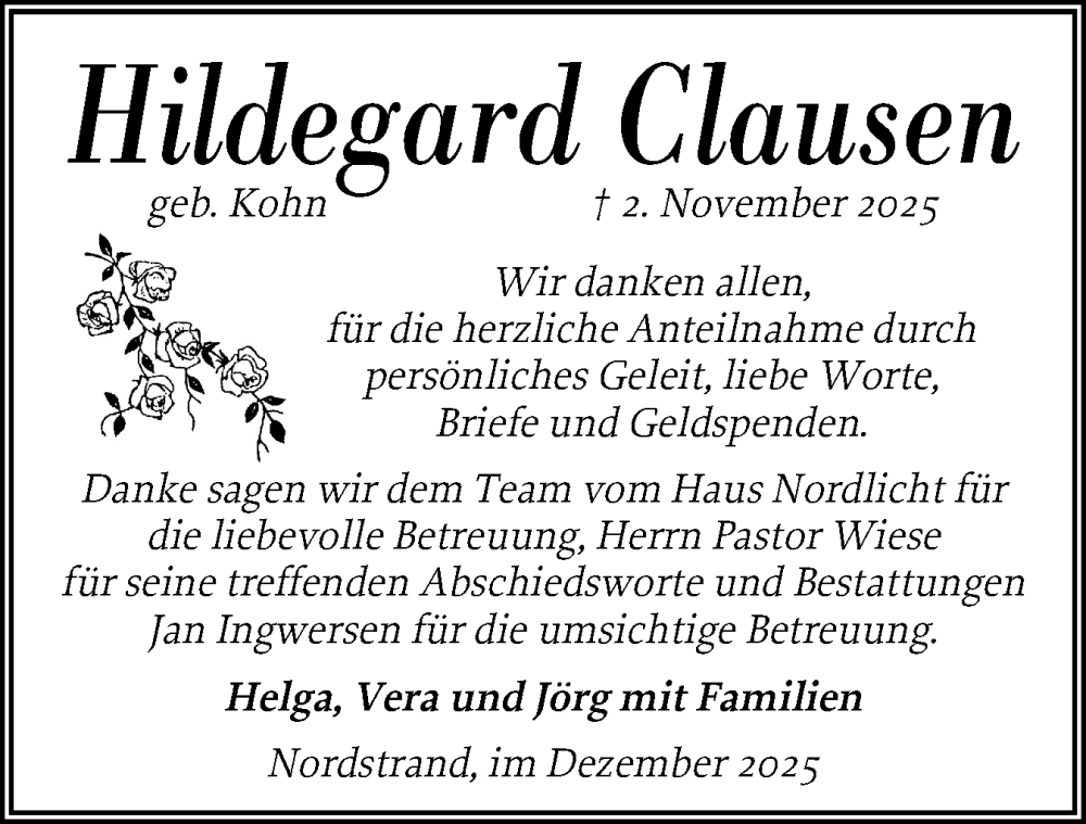  Traueranzeige für Hildegard Clausen vom 12.12.2025 aus Husumer Nachrichten, Nordfriesland Tageblatt