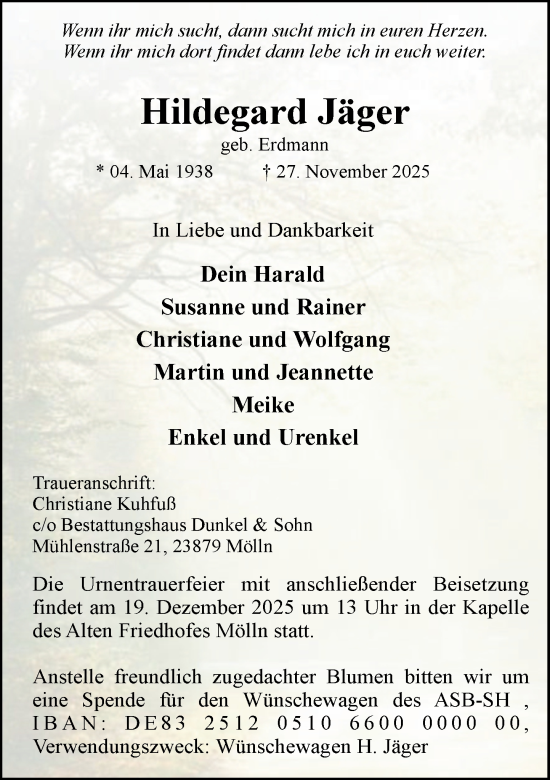 Traueranzeige von Hildegard Jäger von MARKT Ratzeburg/Mölln