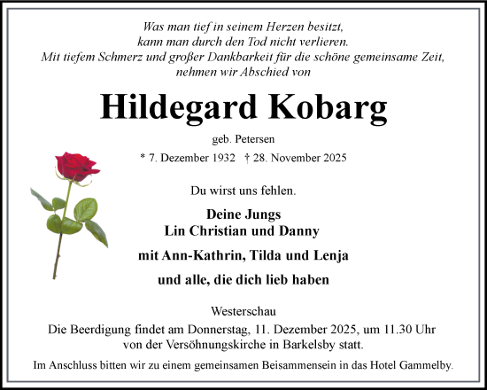 Traueranzeige von Hildegard Kobarg von Eckernförder Zeitung, Hallo Eckernförde