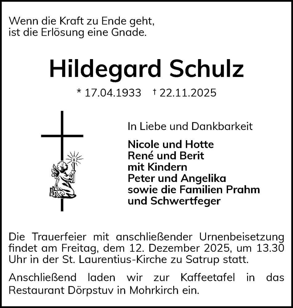  Traueranzeige für Hildegard Schulz vom 06.12.2025 aus Flensburger Tageblatt