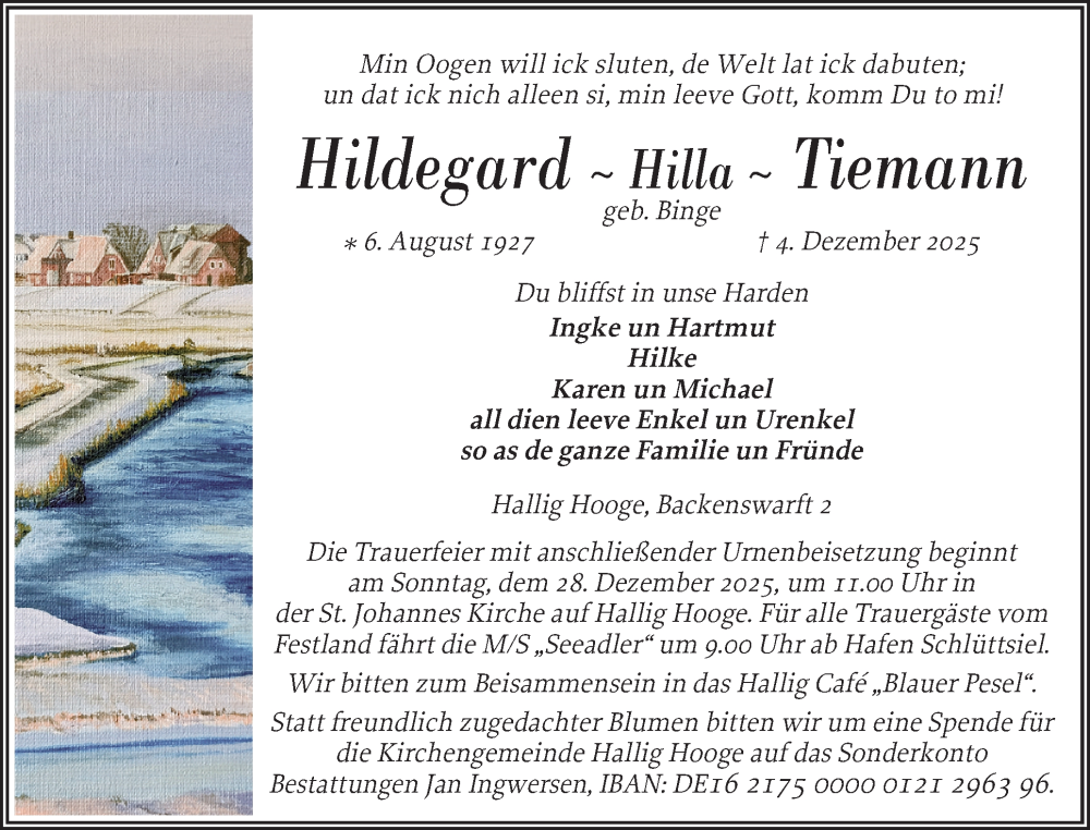 Traueranzeige für Hildegard Tiemann vom 13.12.2025 aus Husumer Nachrichten, Nordfriesland Tageblatt