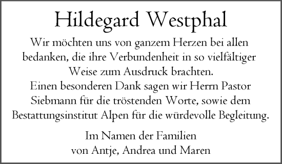 Traueranzeige von Hildegard Westphal von Norddeutsche Rundschau, Wilstersche Zeitung, Glückstädter Fortuna