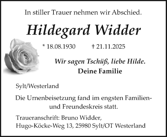 Traueranzeige von Hildegard Widder von Sylter Rundschau