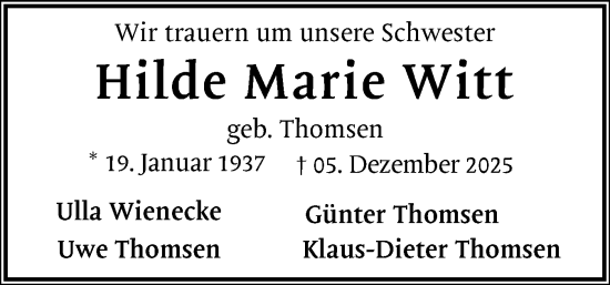 Traueranzeige von Hilde Marie Witt von Schleswiger Nachrichten, Schlei-Bote