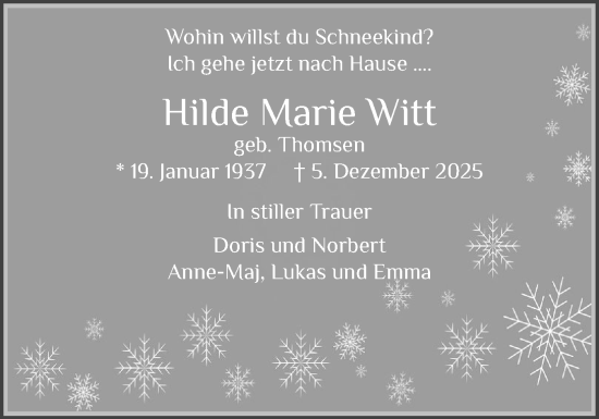 Traueranzeige von Hilde Marie Witt von Schleswiger Nachrichten, Schlei-Bote