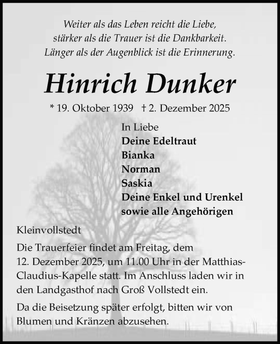 Traueranzeige von Hinrich Dunker von Schleswig-Holsteinische Landeszeitung