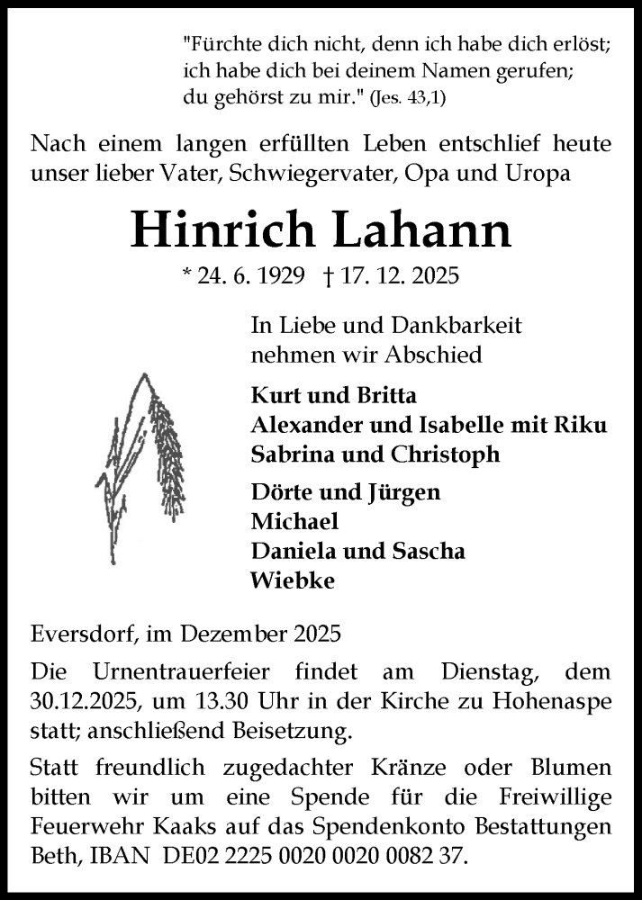  Traueranzeige für Hinrich Lahann vom 27.12.2025 aus Norddeutsche Rundschau, Wilstersche Zeitung, Glückstädter Fortuna