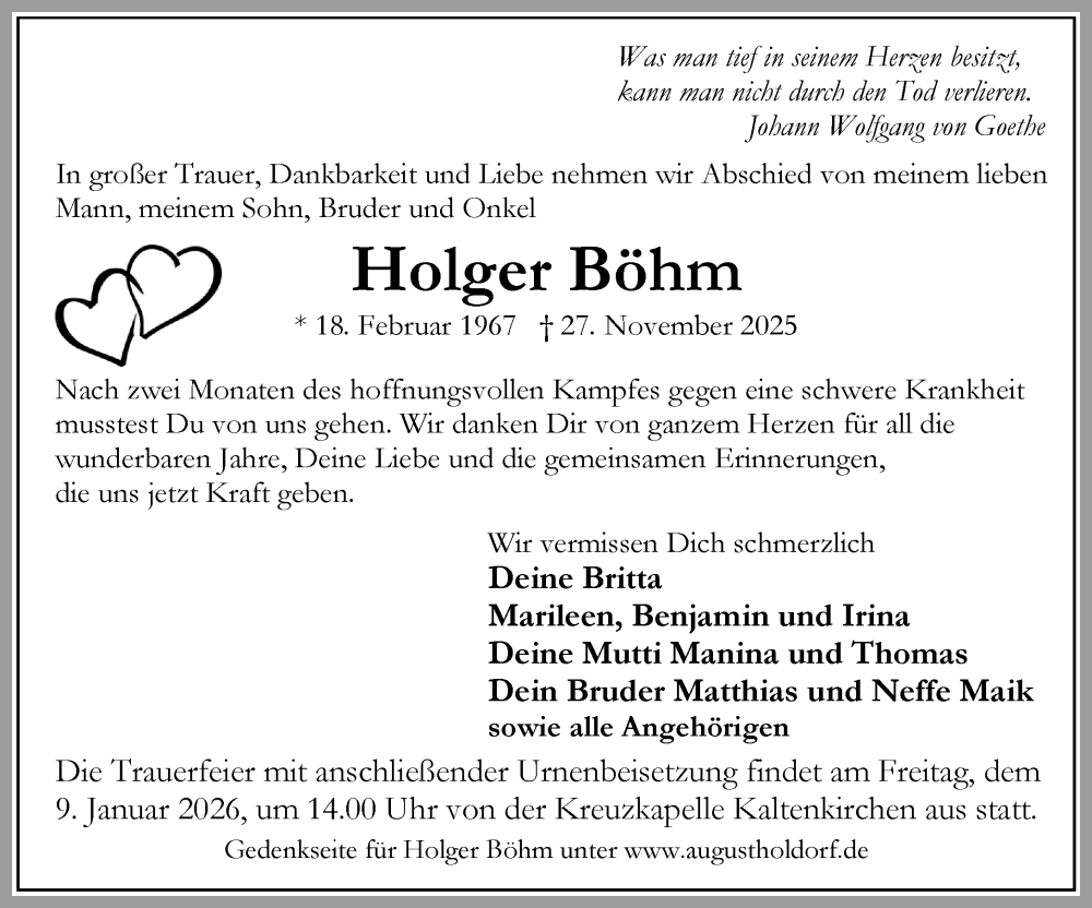  Traueranzeige für Holger Böhm vom 13.12.2025 aus Umschau